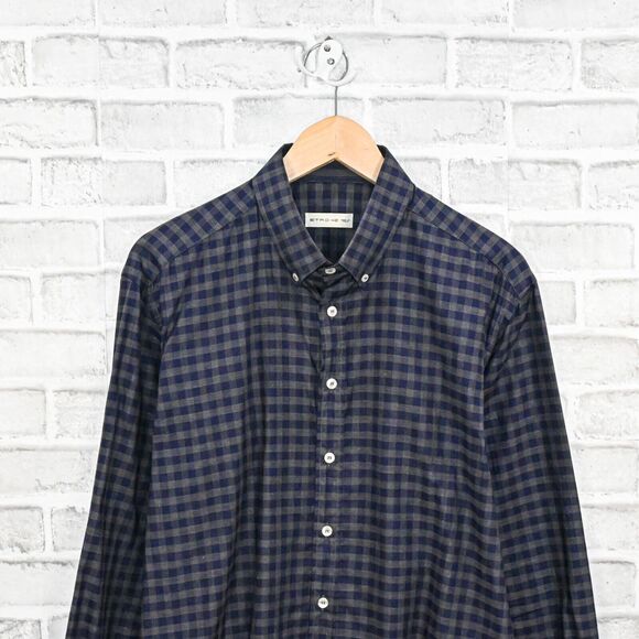 ETRO Men's Button Down Shirt in Blue grey check cotton sz 42 Made in Italy - Picture 6 of 7